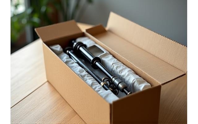 Una scatola di spedizione aperta con un prodotto di pesca imbottito, simboleggiante un reso facile e sicuro.